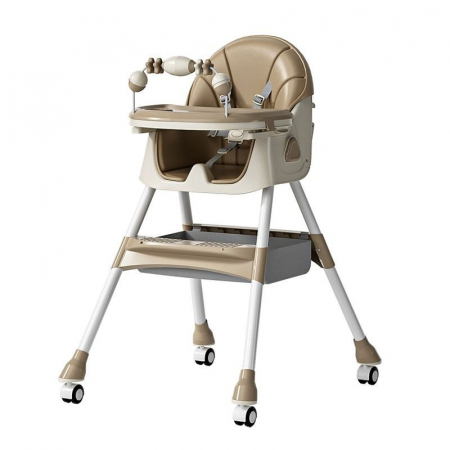Scaune de masa bebe - Scaun de Masa pentru Bebelusi si Copii, 2 Tavite cu Jucarii si Husa Detasabila, Centura de Siguranta, Spatar Reglabil Moale, Balansoar, Cos de Depozitare, +6 luni, 97x73x65cm, Crem