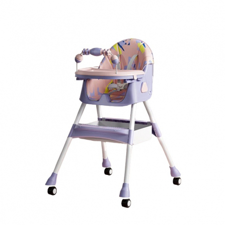 Scaune de masa bebe - Scaun de Masa pentru Bebelusi si Copii, 2 Tavite cu Jucarii si Husa Detasabila, Centura de Siguranta, Spatar Reglabil Moale, Balansoar, Cos de Depozitare, +6 luni, 97x73x65cm, Mov