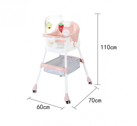 Scaun de Masa pentru Copii Multifunctional Pliabil cu Roti, Cos de Depozitare, Centura de Siguranta, Suport de Agatat Jucarii, 110 x 60 x 70 cm, Roz [2]