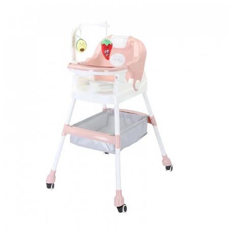 Scaune de masa bebe - Scaun de Masa pentru Copii Multifunctional Pliabil cu Roti, Cos de Depozitare, Centura de Siguranta, Suport de Agatat Jucarii, 110 x 60 x 70 cm, Roz