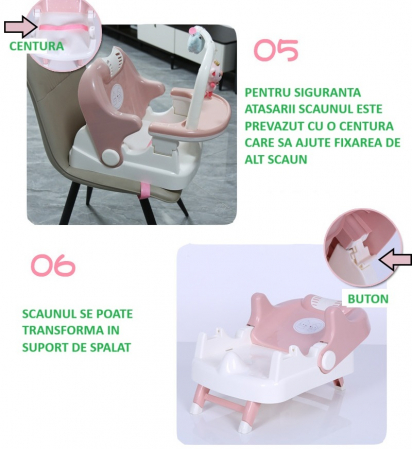 Scaun pentru Copii si Bebelusi 2 in 1, Servit Masa si pentru Baie, Pliabil, Portabil, din Plastic, Spatar Reglabil, 58 x 39 x 45 cm, Roz [4]