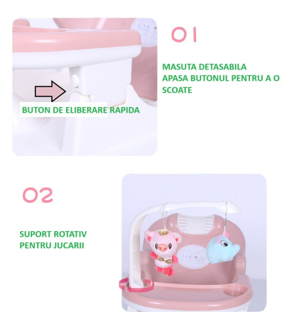 Scaun pentru Copii si Bebelusi 2 in 1, Servit Masa si pentru Baie, Pliabil, Portabil, din Plastic, Spatar Reglabil, 58 x 39 x 45 cm, Roz [2]
