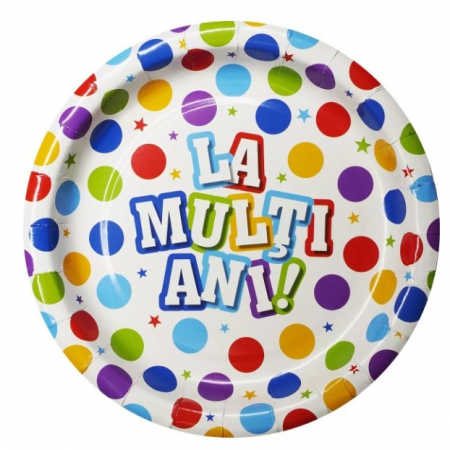 Articole de petrecere - Set 10 Farfurii Unica Folosinta,  Imprimeu La Multi Ani, din Carton, Diametru 17 cm, Multicolor