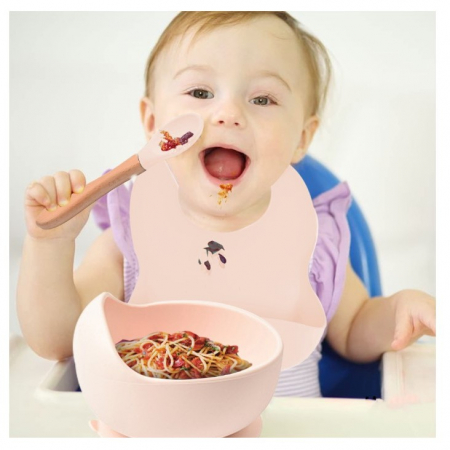 Set 10 piese diversificare bebelusi si copii din silicon, baveta, farfurie compartimentata, bol, tacamuri, cana, fara alergeni, roz pal [1]