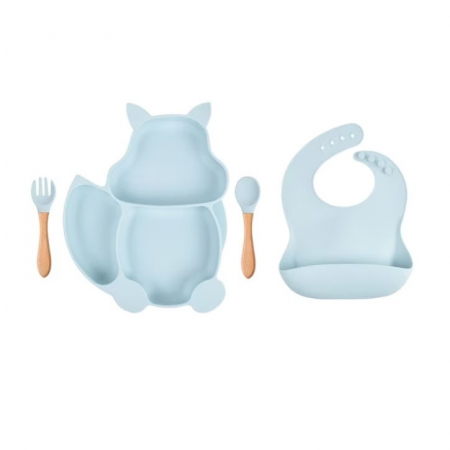 Set 10 piese diversificare bebelusi si copii din silicon, baveta, farfurie compartimentata, bol, tacamuri, cana, fara alergeni, Baby blue [2]