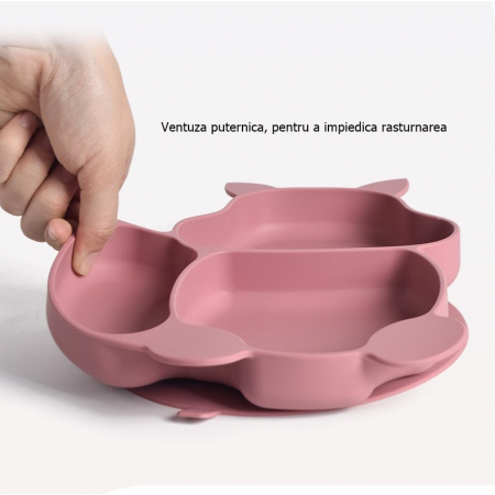 Set 10 piese diversificare bebelusi si copii din silicon, baveta, farfurie compartimentata, bol, tacamuri, cana, fara alergeni, roz pudrat [6]