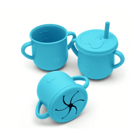 Set 10 Piese Servire Masa pentru Bebelusi si Copii din Silicon/Lemn, Ventuze Anti-alunecare, fara Alergeni, +6 Luni, Model Elefant, Albastru [2]