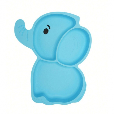 Set 10 Piese Servire Masa pentru Bebelusi si Copii din Silicon/Lemn, Ventuze Anti-alunecare, fara Alergeni, +6 Luni, Model Elefant, Albastru [5]