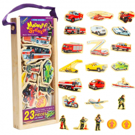 Jocuri puzzle - Set 23 piese magnetice din lemn Vehicule de interventie Magnetic Stickers ,multicolor