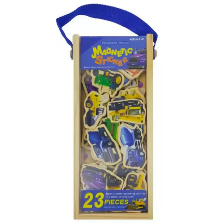 Jucarii Montessori din lemn - Set 23 Piese Magnetice Vehicule de Constructii Magnetic Stickers, multicolor