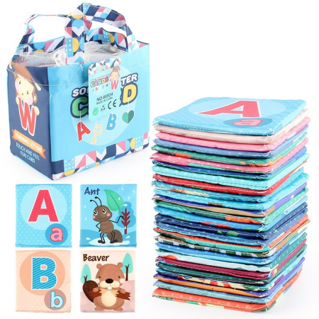 Jucarii bebe - Set 26 Carduri din Panza cu Doua Fete, Model Litere, Educational, Interactiv, Saculet Inclus, Multicolor