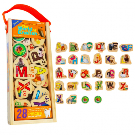 Jucarii Montessori din lemn - Set 28 piese litere magentice din lemn English Letters, multicolor