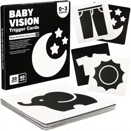 Jucarii bebe - Set 40 imagini stimulare vizuala si cognitiva bebelusi, carduri alb-negru, 0-3 luni