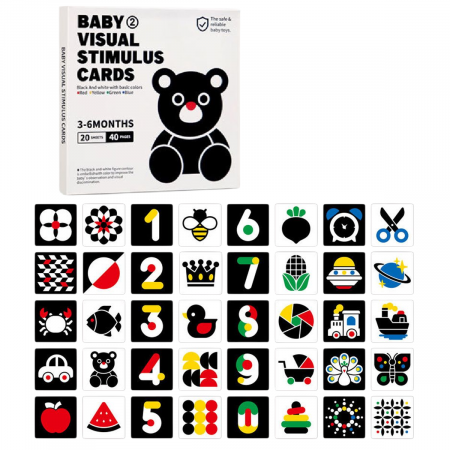 Jucarii bebe - Set 40 imagini stimulare vizuala si cognitiva bebelusi, carduri multicolor, 3-6 luni
