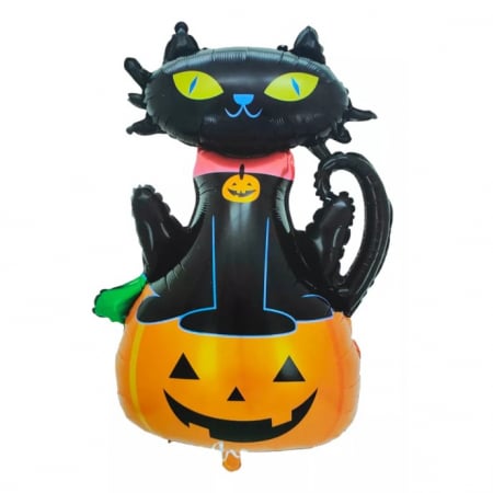 Set 5 Baloane din Folie Metalizata,  Figurine, Tema Halloween, Pai Inclus, Ambalaj Individual, Umflare cu Aer sau Heliu, Figurina Dovleac si Pisica 90x60 cm, Stelute si Cerculete 45 cm, Portocaliu-Neg [2]