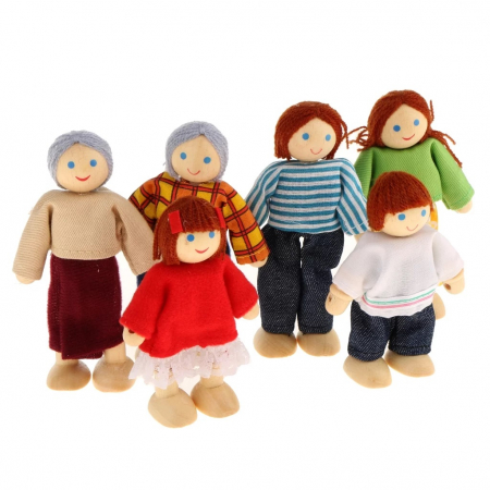 Jucarii Montessori din lemn - Set 6 papusi din lemn Happy Family, multicolor