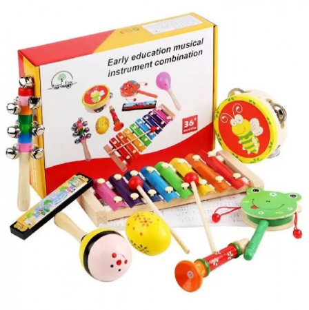Jucarii Montessori din lemn - Set 8 Instrumente muzicale educative din lemn, multicolor