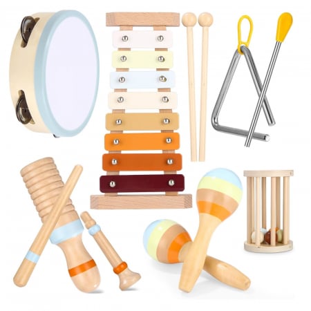Set 8 Instrumente muzicale educative din lemn, pastel