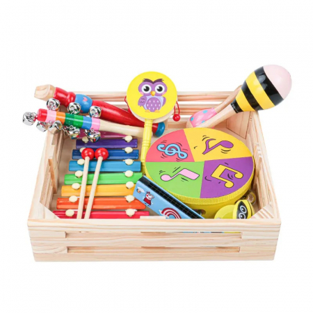 Set 9 Instrumente muzicale educative din lemn, multicolor