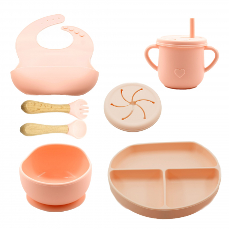 Set 8 piese diversificare bebelusi si copii din silicon, baveta, farfurie compartimentata, bol, tacamuri, cana, fara alergeni, roz