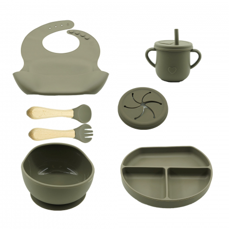 Set 8 piese diversificare bebelusi si copii din silicon, baveta, farfurie compartimentata, bol, tacamuri, cana, fara alergeni, verde inchis