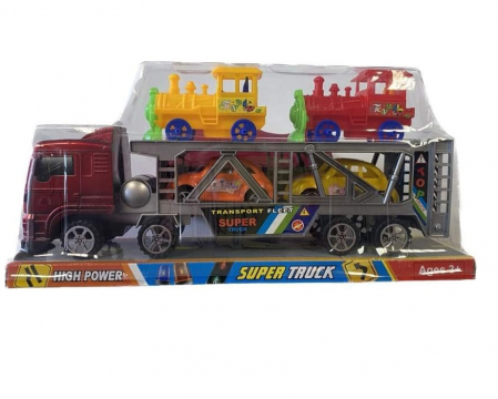 Masinute si vehicule de jucarie - Set Camion trailer pentru transport, cu doua locomotive si doua masinute, multicolor
