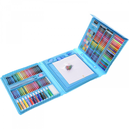 Accesorii Craft - Set Complet pentru Pictura si Desen Tip Servieta, 208 Piese, 3-12 Ani, Albastru