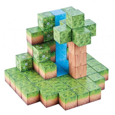 Jocuri de constructie - Set cuburi magnetice Creative tip Minecraft, 64 piese, multicolor