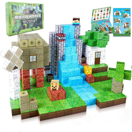 Jucarii educative si creative - Set cuburi magnetice tip Minecraft Build World, 116 piese, multicolor