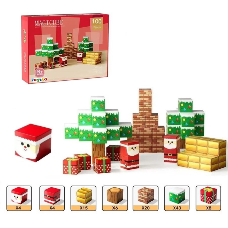 Jocuri de constructie - Set cuburi magnetice tip Minecraft Editie de Craciun, 100 piese, multicolor