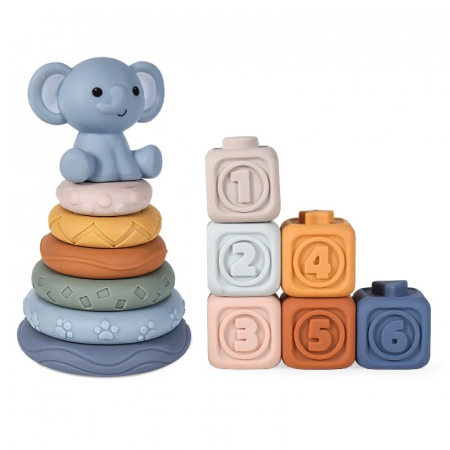 Jucarii bebe - Set Cuburi moi si Turn cu inele Elefant, multicolor