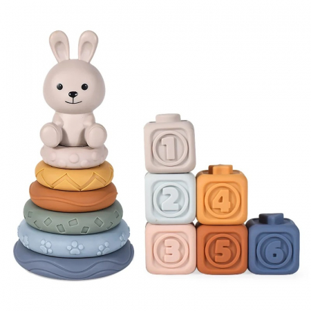 Jucarii bebe - Set Cuburi moi si Turn cu inele Ursulet, multicolor