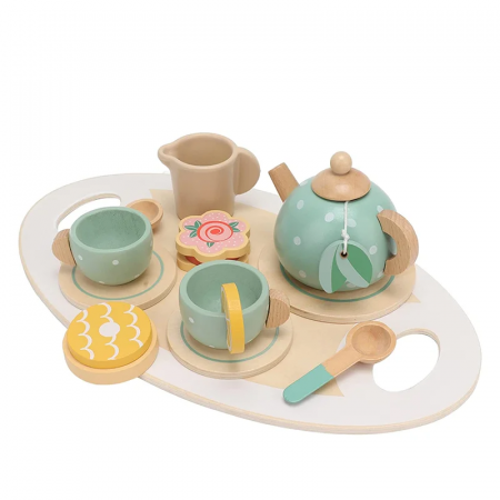 Jucarii Montessori din lemn - Set de Ceai din lemn Afternoon Tea, 15 piese, multicolor