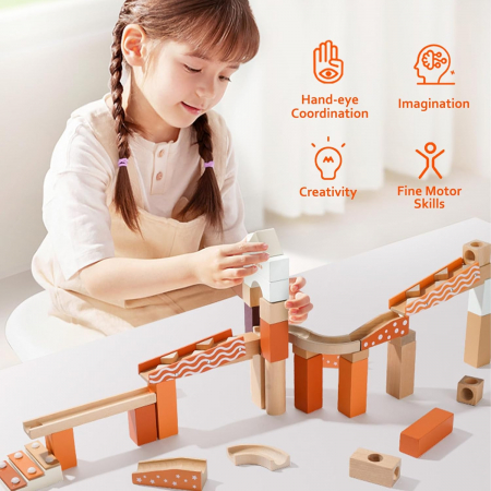 Set de constructie Marble Run din lemn cu bile din sticla, 60 piese, multicolor [3]