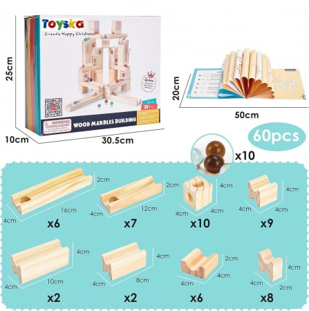 Set de constructie Marble Run din lemn cu bile din sticla, 60 piese, natur [4]