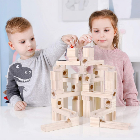 Set de constructie Marble Run din lemn cu bile din sticla, 60 piese, natur [1]