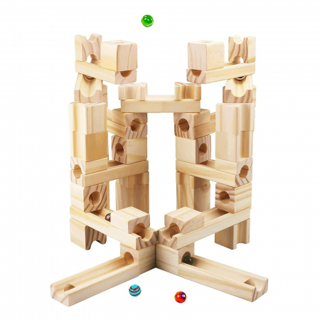 Jucarii Montessori din lemn - Set de constructie Marble Run din lemn cu bile din sticla, 60 piese, natur
