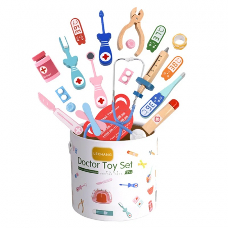 Jucarii Montessori din lemn - Set joaca Micul stomatolog in galetusa, 24 piese, multicolor