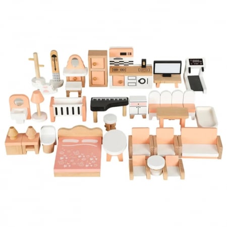 Jucarii Montessori din lemn - Set mobilier din lemn pentru casuta papusilor, 32 piese, multicolor