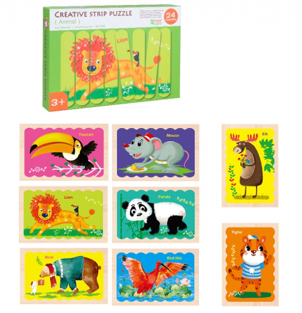 Set puzzle betisoare din lemn Creative Strip Animale, 32 pcs, multicolor