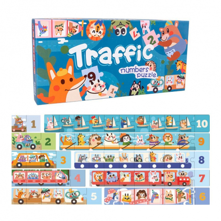 Set Puzzle educativ Invatam sa numaram Traffic Numbers, 65 piese, multicolor