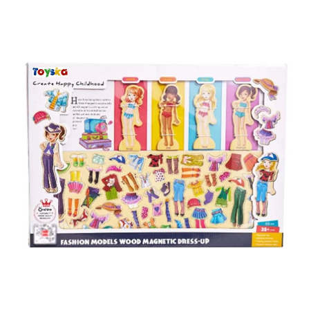 Jucarii Montessori din lemn - Set educativ Puzzle Magnetic Imbraca Fetele, 69 piese, multicolor