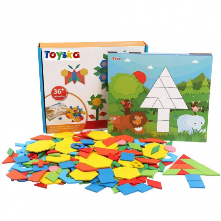 Joc educativ tangram din lemn cu 250 piese geometrice multicolore si cifre, multicolor