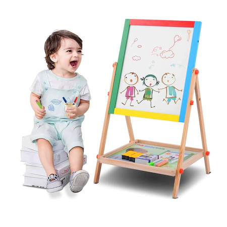 Tabla Multifunctionala Magnetica Cu 2 Fete, Scris si Desenat si Set Creta Colorata Marker Buret, din Lemn ecologic Study Drawing Board pentru copii, prescolari [4]