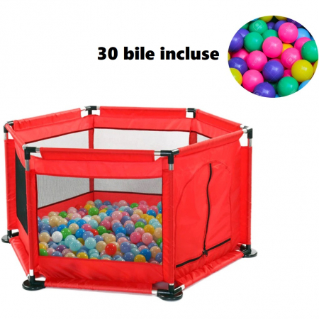 Camera copilului - Tarc pentru Bebe cu 30 de bile multicolore incluse, 128 x 113 x 65 cm, rosu