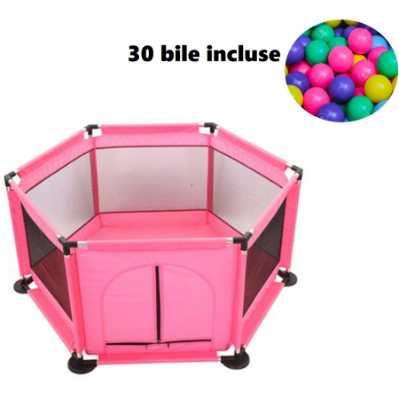 Camera copilului - Tarc pentru Bebe cu 30 de bile multicolore incluse, 128 x 113 x 65 cm, roz