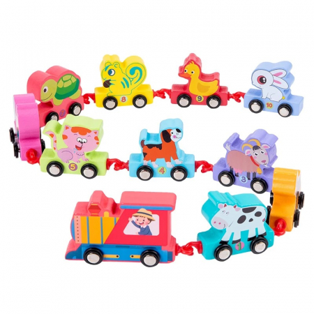 Jucarii Montessori din lemn - Tren din lemn cu Vagoane Animale, cifre de la 1 la 10, multicolor