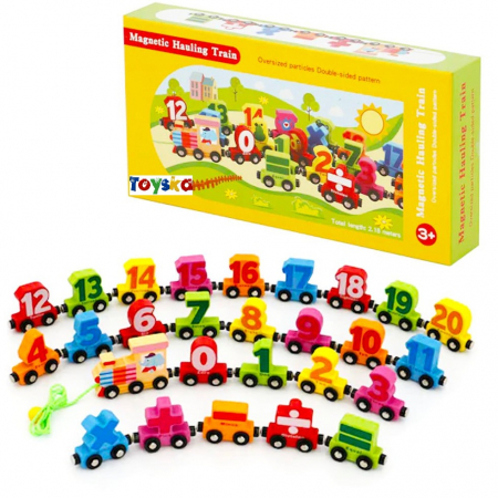 Trenulet din lemn cu cifre Hauling Double si Vagoane Magnetice, multicolor [0]