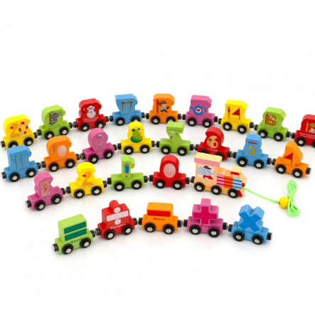 Trenulet din lemn cu cifre Hauling Double si Vagoane Magnetice, multicolor [1]