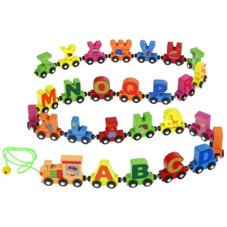 Jucarii Montessori din lemn - Trenulet din lemn cu Litere Hauling Double si Vagoane Magnetice, multicolor